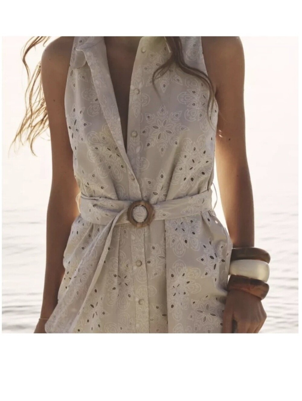 Embroidered Eyelet Dress with Belt - Cream NWT